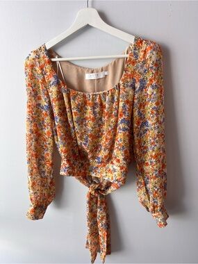 ASTR the Label Willa Floral Tie Back Blouse Top Boho Cottagecore Multicolour